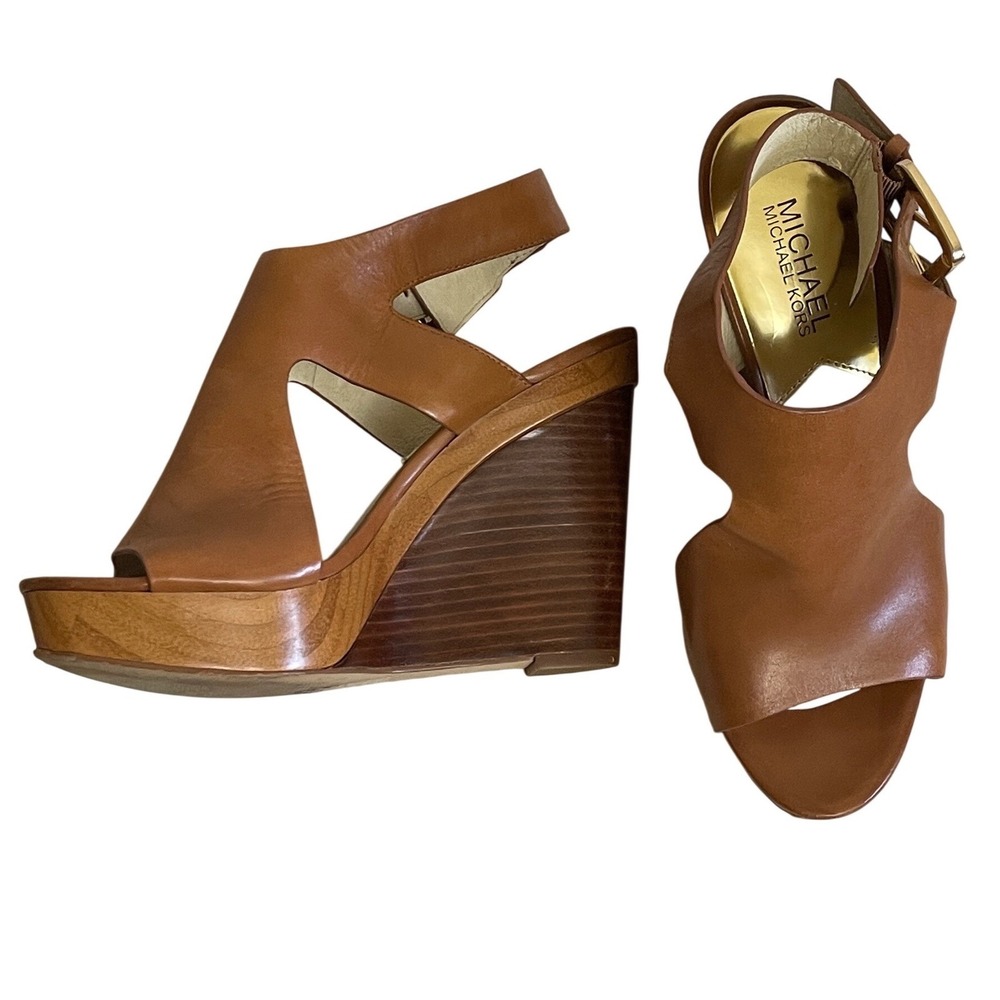 Michael Kors Wedge Sandals Womens 7 Brown Leather Platform Gold Buckle